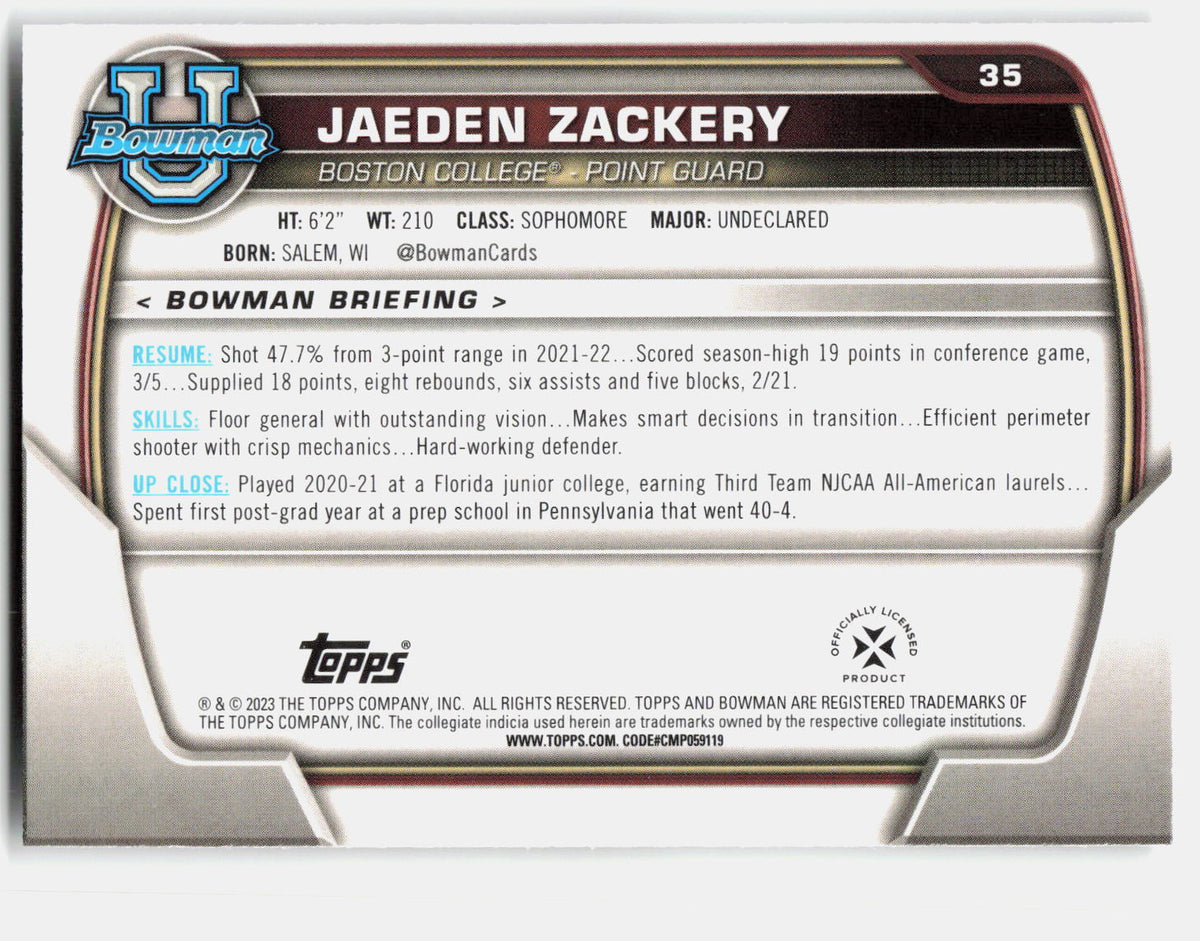 Jaeden Zackery 2022-23 Bowman University Chrome 1st Bowman #35 back