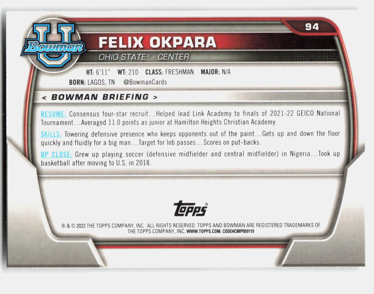 Felix Okpara 2022-23 Bowman University Chrome 1st Bowman #94 back