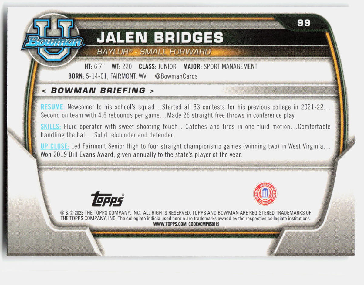 Jalen Bridges 2022-23 Bowman University Chrome 1st Bowman #99 back