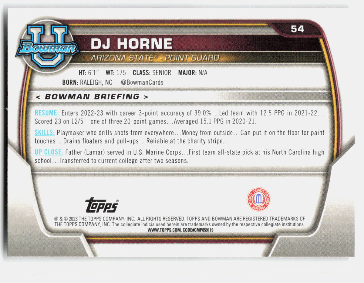 DJ Horne 2022-23 Bowman University Chrome 1st Bowman #54 back