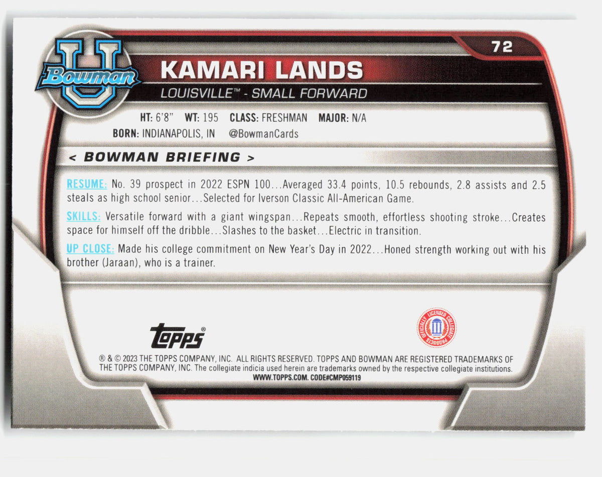 Kamari Lands 2022-23 Bowman University Chrome 1st Bowman #72 back