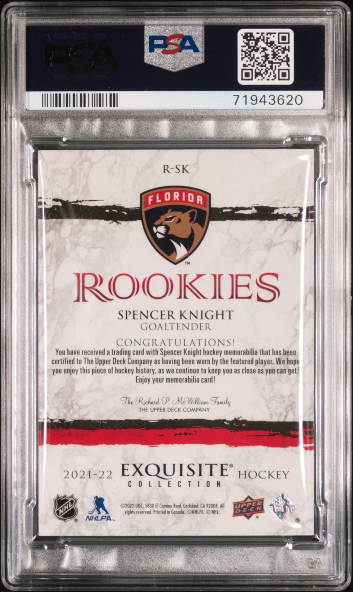 Spencer Knight Exquisite Collection Rookie Patch Gold PSA 8 - back